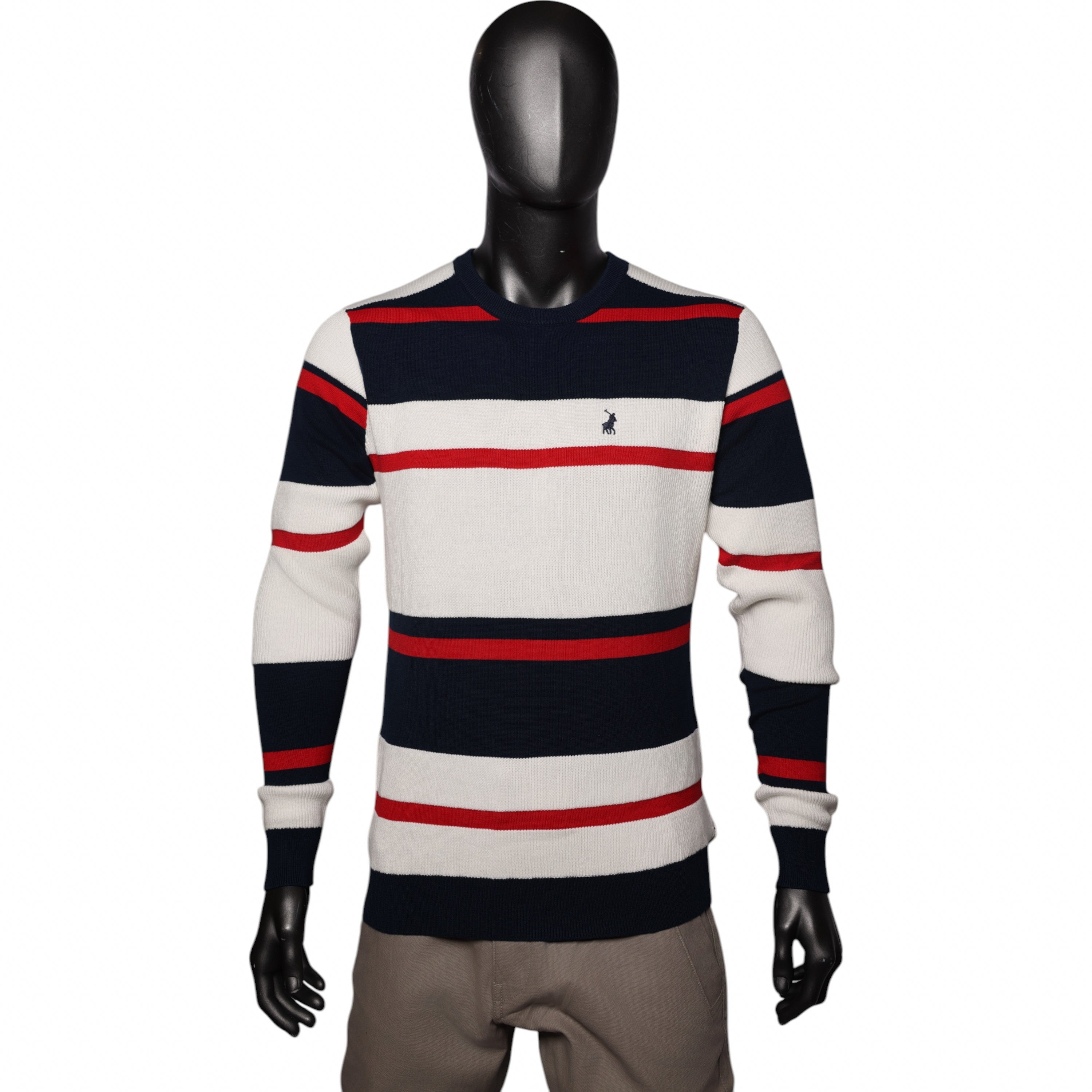 Polo Sweater Textured Stripe Logo Navy-White-Red